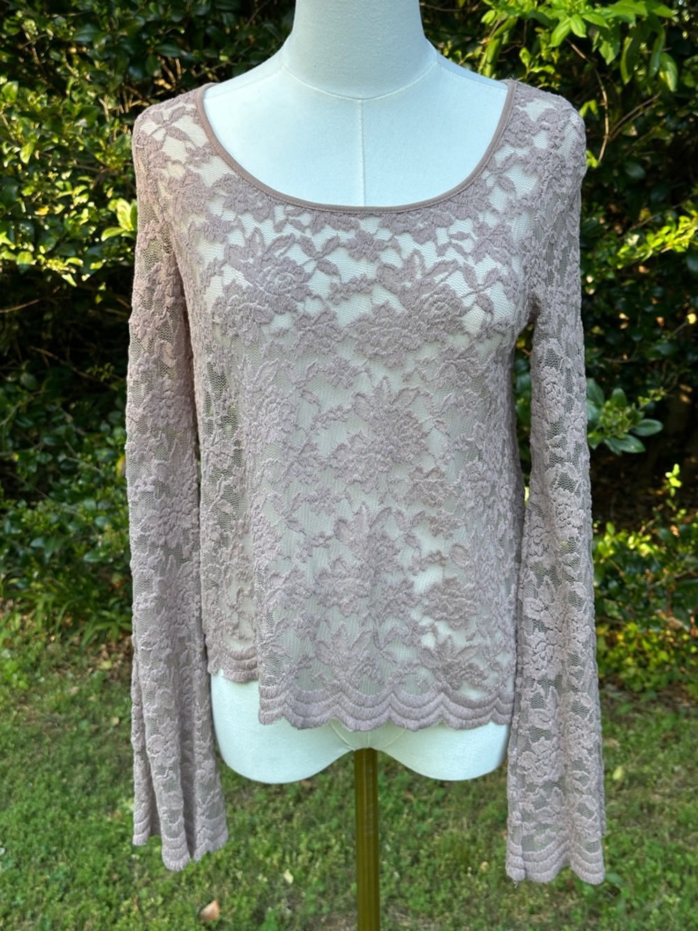 Full Tilt Mauve Lace Long Sleeve Scoop Neck Top
